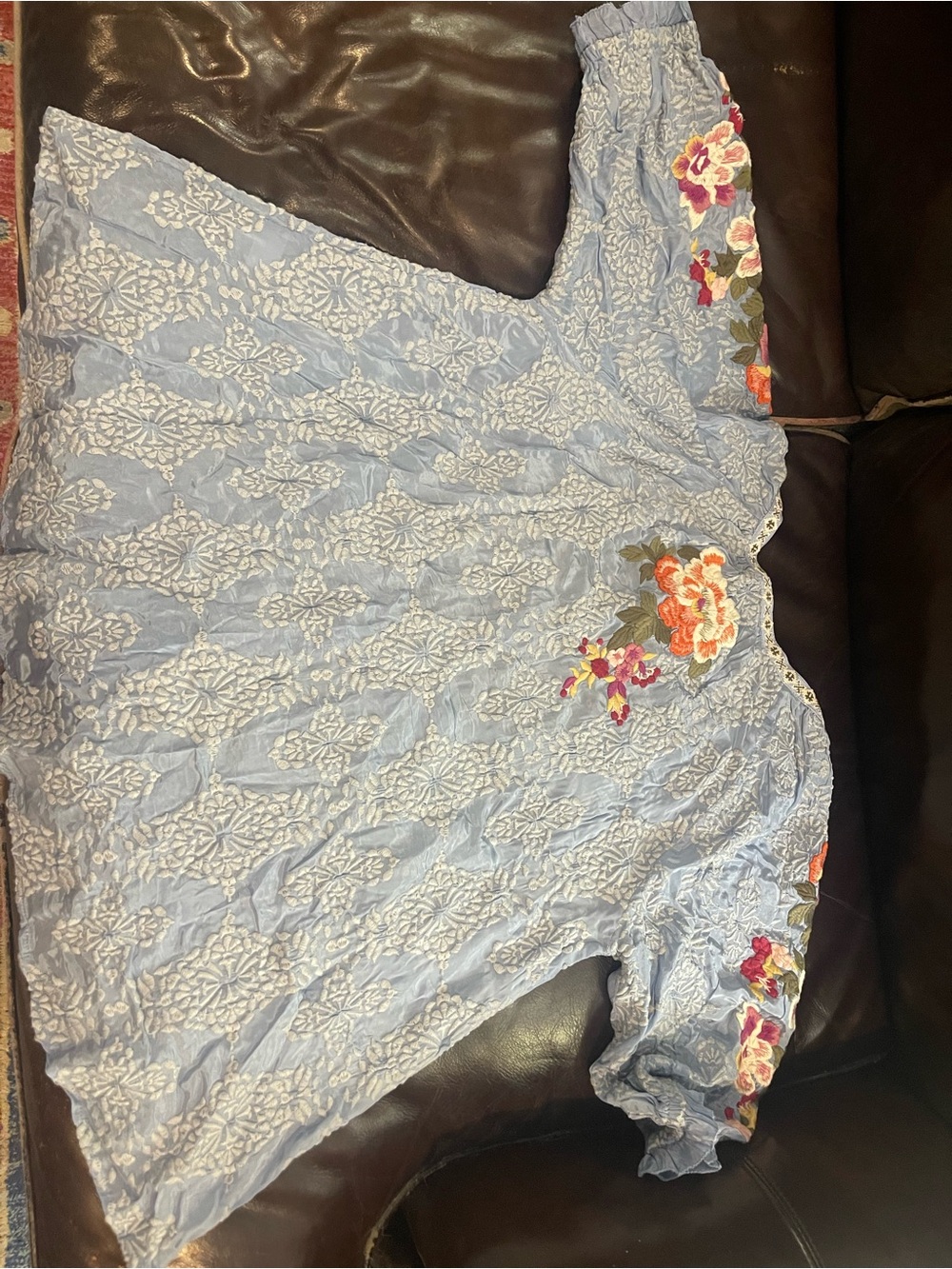 Sundance Light Blue Embroidered Boho Blouse with Floral Accents - Picture 2 of 6